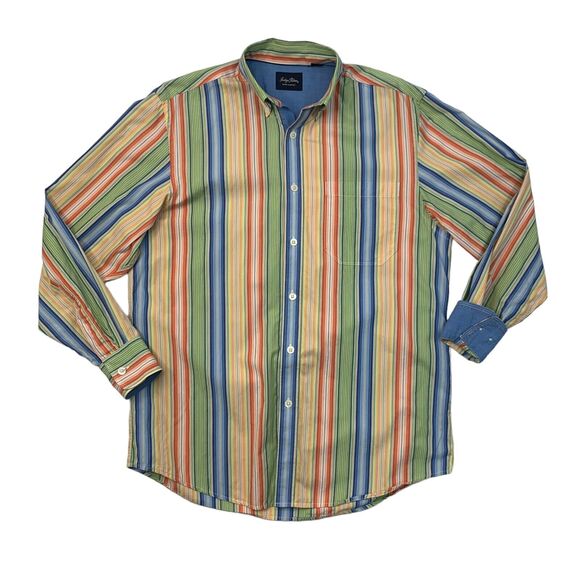 Indigo Palms Shirt Mens S Small Colorful Striped Button Down Flip Cuff Cotton - Picture 1 of 11